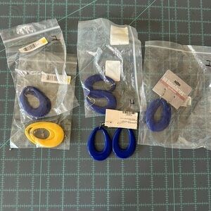 Five sets of earrings. Plastic bold colors. Blue. Yellow.